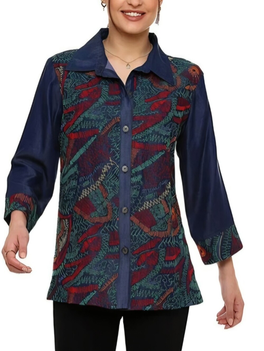 Parsley & Sage Embroidered Denim Color Multi-Print Button-Up Top Size L